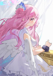 Rule 34 | 1girl, absurdres, blue archive, blush, breasts, curtains, dress, feathered wings, from side, hair bun, halo, highres, indoors, light smile, long hair, looking ahead, measho, medium breasts, mika (blue archive), pink hair, profile, scrunchie, single side bun, sleeveless, sleeveless dress, solo, very long hair, white dress, white wings, wings, wrist scrunchie, yellow eyes