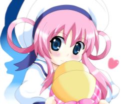 Rule 34 | 10s, 1girl, blue eyes, blush, female focus, gradient background, hat, heart, pink hair, sherlock shellingford, solo, tantei opera milky holmes, twintails, white background