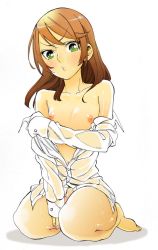 Rule 34 | 1girl, :3, akoaked, bad id, bad twitter id, barefoot, blouse, blush, breasts, brown hair, flat chest, frown, green eyes, long hair, looking at viewer, nakajima ryou, naked shirt, navel, nipples, original, seiza, shirt, shirt down, simple background, sitting, small breasts, solo, sweat, white background