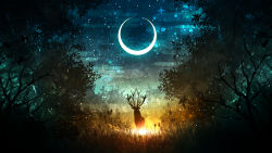 Rule 34 | animal, antlers, commentary, deer, fish, forest, glowing, glowing eyes, highres, horns, looking at viewer, moon, nature, night, no humans, original, rinneko (rinne paint), scenery, seashell, shell, sky, solo, star (sky), star (symbol), starry sky, tree