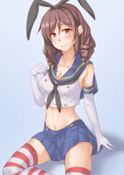 Rule 34 | 1girl, animal ears, anti (untea9), black neckerchief, blue sailor collar, blue skirt, blush, breasts, brown hair, cleavage, closed mouth, commentary request, cosplay, cropped shirt, detached sleeves, drill hair, elbow gloves, fake animal ears, gloves, gradient background, harukaze (kancolle), highres, kantai collection, long hair, medium breasts, navel, neckerchief, partial commentary, pleated skirt, rabbit ears, red eyes, sailor collar, school uniform, serafuku, shimakaze (kancolle), shimakaze (kancolle) (cosplay), shirt, skirt, smile, solo, striped clothes, striped thighhighs, thighhighs, twin drills, uniform, white gloves, white shirt