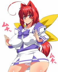 Rule 34 | 1girl, ahoge, bad id, bad pixiv id, blush, bow, breasts, covered erect nipples, hair bow, hair intakes, kagami sumika, large breasts, long hair, long sleeves, looking at viewer, low ponytail, muv-luv, panties, pantyshot, pink eyes, ponytail, puffy sleeves, red eyes, red hair, school uniform, serafuku, skirt, smile, solo, standing, striped clothes, striped panties, text focus, to-gnaniwa, underwear, very long hair, white background
