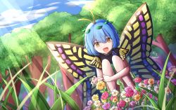 1girl :d absurdres antennae arm_around_leg bare_legs blue_hair blurry bright_pupils butterfly_wings cloud commentary commentary_request day depth_of_field dress dutch_angle eternity_larva eyes_visible_through_hair flower grass green_skirt hair_between_eyes hair_ornament happy highres holding_legs insect_wings leaf_hair_ornament light_rays multicolored_clothes multicolored_dress open_mouth orange_eyes reaching short_hair signature skirt sky smile squatting sunlight symbol-only_commentary touhou tree wings yu_cha