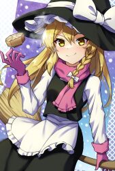 Rule 34 | 1girl, absurdres, apron, black hat, black skirt, black vest, blonde hair, bow, braid, broom, closed mouth, commentary request, gloves, hair bow, hat, highres, kirisame marisa, long hair, long sleeves, looking at viewer, mini-hakkero, red gloves, red scarf, scarf, side braid, single braid, sketch, skirt, smile, solo, touhou, vest, white apron, white bow, witch hat, yellow eyes, yosshy