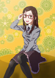 Rule 34 | 10s, 1girl, :d, adjusting eyewear, batta mitori, between legs, black hair, black pantyhose, blush, breasts, brown hair, buttons, cardigan, collared shirt, floral background, flower, glasses, hair ornament, hairclip, hand between legs, long hair, long sleeves, looking at viewer, mitsuki ma, neck ribbon, open mouth, orange eyes, pantyhose, red-framed eyewear, ribbon, shirt, sitting, skirt, small breasts, smile, solo, wizard barristers: benmashi cecil, yellow eyes