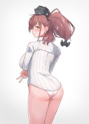 Rule 34 | 1girl, 702 (naotsu), absurdres, anchor hair ornament, ass, atlanta (kancolle), black hat, breasts, brown hair, dress shirt, earrings, from behind, garrison cap, grey eyes, hair ornament, hat, highres, jewelry, kantai collection, large breasts, long hair, long sleeves, panties, shirt, single earring, solo, standing, star (symbol), star earrings, two side up, underwear, white panties, white shirt