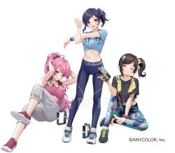 Rule 34 | 3girls, :d, aiba uiha, aizono manami, bare arms, bare shoulders, black hair, black pants, black shirt, blue eyes, blue pants, blue shirt, breasts, brown eyes, cleavage, commentary request, copyright notice, crop top, grey pants, half-closed eye, hayase sou, holding, medium breasts, midriff, multiple girls, navel, ne-on, nijisanji, official art, one eye closed, open mouth, pants, parted lips, pink hair, print pants, red footwear, sample watermark, shirt, shoes, short sleeves, side ponytail, simple background, smile, standing, stretching, towel, towel around neck, virtual youtuber, watermark, white background