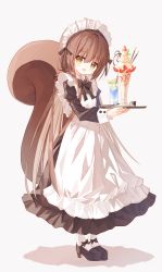 Rule 34 | 1girl, :d, alternate costume, apron, black bow, black dress, black footwear, bow, brown eyes, brown hair, cup, dress, drinking glass, drinking straw, enmaided, food, frilled apron, frills, fruit, grey background, hair between eyes, high heels, holding, holding tray, juliet sleeves, long hair, long sleeves, looking at viewer, maid, maid apron, maid headdress, open mouth, original, pantyhose, parfait, puffy sleeves, shadow, shoes, simple background, smile, solo, squirrel girl (yuuhagi (amaretto-no-natsu)), squirrel tail, strawberry, tail, tray, very long hair, white apron, white pantyhose, yuuhagi (amaretto-no-natsu)