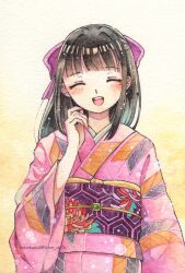 Rule 34 | 1girl, :d, ^ ^, artist name, black hair, blunt bangs, blush, bow, closed eyes, dixueya, facing viewer, floral print, gradient background, hair bow, hand up, highres, japanese clothes, kimono, long hair, long sleeves, mole, mole under eye, obi, open mouth, original, painting (medium), pink kimono, sash, smile, solo, teeth, traditional media, twitter username, upper body, upper teeth only, watercolor (medium), watermark, wide sleeves, yellow background
