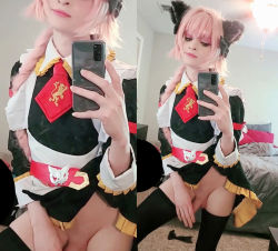 Rule 34 | 1boy, astolfo (fate), astolfo (fate) (cosplay), cellphone, cosplay, crossdressing, fate/grand order, fate (series), long hair, male focus, no panties, penis, phone, photo (medium), pink hair, selfie, solo, testicles, thighhighs, trap, trappychan