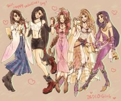 Rule 34 | 00s, 1980s (style), 1990s (style), 5girls, aerith gainsborough, black hair, blonde hair, blue eyes, boots, bracelet, brown hair, cape, detached sleeves, dress, earrings, elbow gloves, closed eyes, female focus, final fantasy, final fantasy ii, final fantasy iv, final fantasy vii, final fantasy x, fingerless gloves, gloves, hair ornament, holding hands, happy, jacket, jewelry, leotard, maria (ff2), miniskirt, multiple girls, retro artstyle, open mouth, pants, pantyhose, pink ribbon, purple hair, red eyes, retro artstyle, ribbon, rosa farrell, shoulder pads, skirt, suspenders, tank top, tifa lockhart, valentine, wink, yadoso, yuna