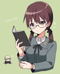 Rule 34 | 2girls, bespectacled, book, brown eyes, brown hair, cropped torso, erica hartmann, gertrud barkhorn, glasses, green background, highres, holding, holding book, ichiren namiro, long sleeves, low twintails, military, military uniform, multiple girls, serious, strike witches, twintails, uniform, upper body, world witches series