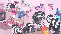 Rule 34 | 1boy, 1girl, alcremie, alternate costume, apron, black hair, book, bowl, brother and sister, calendar (object), commentary request, cookbook, cooking, creatures (company), croagunk, dress, galarian form, galarian linoone, galarian zigzagoon, game freak, gen 2 pokemon, gen 4 pokemon, gen 5 pokemon, gen 6 pokemon, gen 8 pokemon, gym leader, hair ribbon, highres, holding, holding bowl, holding plate, hoppip, impidimp, indoors, inkay, jar, kneehighs, ladder, long hair, looking to the side, marnie (pokemon), mixing bowl, multicolored hair, nintendo, nyaasechan, obstagoon, oven, pale skin, piers (pokemon), pink dress, pink socks, plate, pokemon, pokemon (creature), pokemon swsh, purple apron, purrloin, red ribbon, refrigerator, ribbon, scrafty, shelf, shirt, siblings, slippers, socks, spatula, standing, stepladder, toaster, toxtricity, toxtricity (low key), two-tone hair, waist apron, washing, white hair