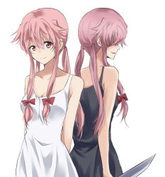 Rule 34 | 2girls, arms behind back, black dress, breasts, cleavage, collarbone, dress, dual persona, gasai yuno, hair over eyes, holding, holding weapon, knife, long hair, maruki (punchiki), mirai nikki, multiple girls, pink hair, simple background, small breasts, sundress, weapon, white background, white dress