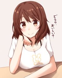 Rule 34 | 1girl, bad id, bad pixiv id, blush, breast rest, breasts, brown eyes, brown hair, cleavage, hair between eyes, hand on own face, highres, jewelry, kapatarou, looking at viewer, mai (kapatarou), medium breasts, necklace, original, shirt, short hair, short sleeves, smile, solo, t-shirt, translated, upper body, white shirt