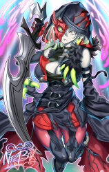 Rule 34 | 1girl, absurdres, belt, black dress, breasts, cleavage, commission, detached sleeves, diabellstar the black witch, dress, duel monster, garter straps, green eyes, green hair, grey eyes, grey hair, half mask, heterochromia, highres, holding, holding sword, holding weapon, hood, large breasts, looking at viewer, mask, medium hair, multicolored hair, nez-box, red hair, signature, solo, standing, strapless, strapless dress, sword, thighhighs, weapon, yu-gi-oh!