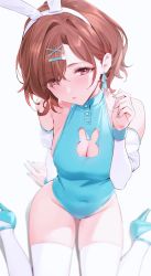 Rule 34 | 1girl, animal ears, aqua footwear, aqua leotard, aqua nails, bare shoulders, blush, breasts, brown hair, cleavage, cleavage cutout, clothing cutout, detached sleeves, fake animal ears, from above, hair ornament, hairband, hairclip, hand up, high heels, highres, higuchi madoka, idolmaster, idolmaster shiny colors, large breasts, leotard, long sleeves, looking at viewer, nail polish, parted lips, playboy bunny, rabbit ears, red eyes, revision, short hair, simple background, sitting, solo, thighhighs, thighs, wariza, white background, white hairband, white thighhighs, yd (orange maru)