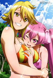 Rule 34 | 10s, 2girls, absurdres, akame ga kill!, bare shoulders, bikini, blonde hair, blue sky, blush, body blush, breasts, cleavage, cloud, collarbone, day, floral print, grabbing, grabbing another&#039;s breast, grin, highres, hug, kimiya ryousuke, large breasts, leone (akame ga kill!), long hair, matching hair/eyes, megami magazine, mine (akame ga kill!), multiple girls, o-ring, o-ring bikini, official art, one eye closed, pink eyes, pink hair, scan, short hair, sky, smile, sparkle, sunlight, swimsuit, tree, twintails, upper body, yellow eyes