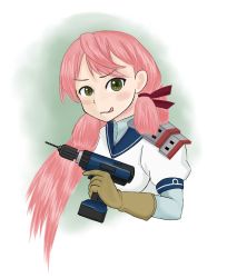 Rule 34 | 10s, 1girl, :d, akashi (kancolle), bad id, bad pixiv id, drill, gradient background, green eyes, hair ribbon, highres, kantai collection, long hair, looking at viewer, open mouth, osato u, pink hair, power drill, power tool, ribbon, school uniform, serafuku, smile, solo, tress ribbon, twintails