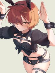 Rule 34 | 1boy, :/, ahoge, animal ears, arms up, backlighting, black panties, black shorts, blush, brown eyes, brown hair, bulge, chest harness, cowboy shot, crop top, crotchless shorts, fake animal ears, fate/grand order, fate (series), fuuma kotarou (fate), hair over one eye, harness, highres, male focus, micro shorts, navel, omiyacha, open hands, panties, parted bangs, puffy short sleeves, puffy sleeves, rabbit ears, rabbit pose, short hair, short sleeves, shorts, simple background, single thighhigh, skindentation, solo, standing, string panties, studs, sweatdrop, thighhighs, trap, underwear, wrist cuffs