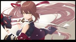Rule 34 | 1girl, absurdly long hair, absurdres, azur lane, bare shoulders, black kimono, breasts, brown hair, daily (daily178900), fox mask, from side, hair ribbon, highres, holding, holding mask, holding sword, holding weapon, japanese clothes, kimono, long hair, looking at viewer, looking to the side, mask, unworn mask, medium breasts, official alternate costume, over shoulder, ponytail, red ribbon, ribbon, simple background, solo, sword, sword over shoulder, upper body, very long hair, weapon, weapon over shoulder, yellow eyes, zuikaku (azur lane), zuikaku (ceremonial crane) (azur lane)