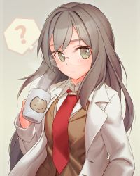 Rule 34 | 1girl, ?, artist logo, beige background, brown eyes, brown hair, brown vest, closed mouth, coffee mug, collared shirt, commentary request, cup, expressionless, futaba rio, glasses, gradient background, gradient eyes, green eyes, holding, holding cup, lab coat, long hair, long sleeves, looking at viewer, mug, multicolored eyes, necktie, open clothes, pocket, red necktie, rimless eyewear, rotix, school uniform, seishun buta yarou, shirt, solo, spoken question mark, steam, tie clip, unbuttoned, upper body, vest, white shirt