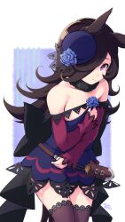 Rule 34 | 1girl, adapted costume, animal ears, artist name, back bow, belt, black bow, black hair, black thighhighs, blue dress, blue flower, blue hat, blue rose, bow, brown belt, closed mouth, commentary request, covering privates, dagger, dated, deto, dress, flower, frown, fur collar, hair over one eye, hat, hat flower, highres, horse ears, horse girl, horse tail, huge bow, knife, lace, lace-trimmed thighhighs, leaning forward, long hair, long sleeves, looking at viewer, off-shoulder dress, off shoulder, partial commentary, pleated dress, purple eyes, rice shower (umamusume), rose, sheath, sheathed, short dress, signature, skirt hold, solo, standing, tail, tearing up, thighhighs, tilted headwear, umamusume, wardrobe malfunction, weapon