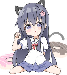 Rule 34 | 1girl, animal ear fluff, animal ears, black hair, blue eyes, blue skirt, blush stickers, bow, cat ears, cat girl, cat tail, commentary request, doughnut, fang, food, hair between eyes, hand up, highres, kapuru 0410, kemonomimi mode, long hair, looking at viewer, parted lips, paw pose, pleated skirt, puffy short sleeves, puffy sleeves, red bow, shirosaki hana, shirt, short sleeves, skirt, solo, tail, very long hair, watashi ni tenshi ga maiorita!, white background, white shirt