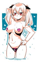 Rule 34 | 1girl, 2014, arm up, armpits, asakawa remon, blush, breasts, bright pupils, cowboy shot, dated, hand on own hip, heart, large breasts, long hair, looking at viewer, navel, original, pasties, red eyes, solo, standing, thighs, wading, water, wet, white pupils