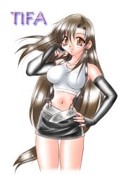 Rule 34 | 1990s (style), 1girl, breasts, brown eyes, brown hair, crop top, earrings, elbow gloves, final fantasy, final fantasy vii, fingerless gloves, gloves, impossible clothes, impossible shirt, jewelry, large breasts, legs, long hair, midriff, miniskirt, navel, pencil skirt, retro artstyle, shirt, skirt, solo, suspenders, tank top, thighs, tifa lockhart