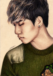 Rule 34 | 1boy, absurdres, bigbang, brown hair, closed eyes, daesung, earrings, green shirt, highres, jewelry, k-pop, long sleeves, male focus, multicolored hair, musician, patch, photorealistic, portrait, profile, realistic, sasha pak, shirt, simple background, solo, sweater, traditional media, two-tone hair