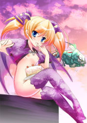 Rule 34 | 1girl, aq interactive, atlus, bat wings, blonde hair, blue eyes, blush, breasts, cake, cape, capelet, casper (deathsmiles), cave (developer), cloud, darius (series), darius gaiden, deathsmiles, eating, fatty glutton, flat chest, food, nipples, pastry, sitting, sky, small breasts, solo, storm causer, thighhighs, twintails, wings