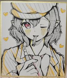 Rule 34 | 1girl, black hair, brown hat, brown jacket, chilwell seele, commentary request, flat cap, hat, heart, highres, holding, holding pen, jacket, mouth hold, necktie, nib pen (object), no wings, official alternate costume, one eye closed, pen, pointy ears, red eyes, red necktie, shameimaru aya, shameimaru aya (newsboy), shirt, short hair, solo, touhou, traditional media, upper body, white background, white shirt