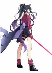 Rule 34 | 1girl, absurdres, animal ear fluff, animal ears, arknights, black coat, black footwear, black hair, black shorts, clothing cutout, coat, from side, full body, gloves, haobuguniao, highres, holding, holding sword, holding weapon, leg warmers, long sleeves, official alternate costume, ponytail, profile, purple hair, red eyes, red gloves, red shirt, shirt, shoes, shorts, sidelocks, simple background, solo, standing, striped clothes, striped shorts, sword, tail, tail through clothes, texas (arknights), texas (willpower) (arknights), thigh strap, vertical-striped clothes, vertical-striped shorts, weapon, white background, wolf ears, wolf girl, wolf tail