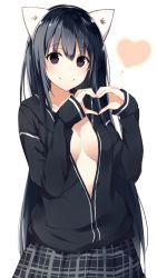 Rule 34 | 1girl, animal ears, bad id, bad twitter id, black eyes, breasts, cardigan, cleavage, closed mouth, commentary request, fake animal ears, heart, heart hands, highres, kurebayashi noe, long hair, looking at viewer, medium breasts, original, paw print, plaid, plaid skirt, simple background, skirt, smile, solo, white background