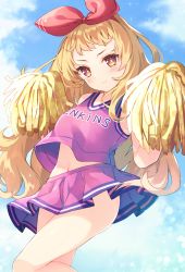Rule 34 | 1girl, alternate costume, azur lane, belly, blonde hair, blush, bow, cheerleader, commentary request, commission, hair bow, highres, jenkins (azur lane), long hair, looking at viewer, miyanome, navel, pom pom (cheerleading), skeb commission, sky, solo, yellow eyes
