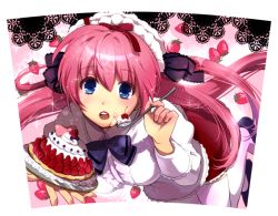 Rule 34 | 1girl, blue eyes, breasts, cake, cherry, doily, food, fruit, large breasts, long hair, looking at viewer, open mouth, original, pastry, pink hair, shoes, solo, spoon, strawberry, thighhighs, tomako, white thighhighs