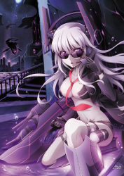 Rule 34 | 1girl, air bubble, alternate costume, artist name, breasts, bubble, city, cleavage, cyberpunk, glasses, gloves, headgear, headset, holster, jacket, light purple hair, long hair, looking over eyewear, looking over glasses, mtyy, necktie, on one knee, open clothes, open jacket, purple eyes, purple theme, shorts, spy, sunglasses, thigh holster, thigh strap, tinted eyewear, underwater, warship girls r, weapon, yuubari (warship girls r)