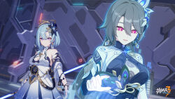 Rule 34 | 2girls, aged up, blue hair, blue lightsaber, breasts, chinese commentary, dress, earrings, energy sword, gloves, griseo, griseo (cosmic expression), hair between eyes, highres, holding, holding lightsaber, holding weapon, honkai (series), honkai impact 3rd, indoors, jewelry, large breasts, light blue hair, lightsaber, logo, long hair, looking at viewer, multiple girls, official art, official wallpaper, peacock feathers, purple eyes, red eyes, smile, star wars, sword, vita (honkai impact), weapon, white dress, white gloves, yellow pupils