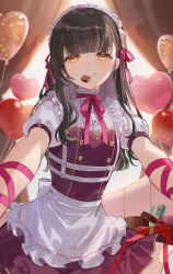 Rule 34 | 1girl, apron, balloon, black hair, breasts, brown eyes, candy, chocolate, chocolate heart, closed mouth, commentary request, food, food in mouth, frilled apron, frilled skirt, frills, heart, heart balloon, highres, long hair, looking at viewer, maid headdress, mouth hold, neck ribbon, nima (niru54), original, puffy short sleeves, puffy sleeves, purple skirt, red ribbon, ribbon, shirt, short sleeves, skirt, small breasts, smile, solo, white apron, white shirt