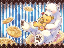 Rule 34 | animal print, bear, bear print, cookie, closed eyes, food, holding, holding food, holding stuffed toy, kazami miki, no humans, original, paw print, polar bear, striped, stuffed animal, stuffed toy, teddy bear