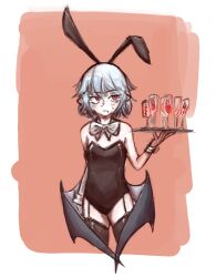 Rule 34 | 1girl, animal ears, bat wings, black leotard, blue hair, blush, breasts, closed mouth, cropped legs, fake animal ears, holding, holding plate, leotard, looking to the side, plate, playboy bunny, red eyes, remilia scarlet, short hair, slit pupils, small breasts, solo, sparkle71059204, strapless, strapless leotard, touhou, wings