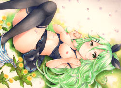 Rule 34 | 1girl, black bow, black skirt, black thighhighs, blush, bow, breasts, closed mouth, dandelion, flower, green eyes, green hair, hair bow, hair ornament, hairclip, kantai collection, long hair, looking at viewer, lying, marker (medium), medium breasts, nipples, on back, pleated skirt, ponytail, saya pr, skirt, solo, thighhighs, traditional media, yamakaze (kancolle), yellow flower
