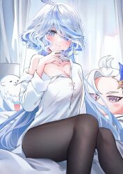 Rule 34 | 1girl, absurdres, ahoge, black pantyhose, blue eyes, blue hair, blush, breasts, cleavage, closed mouth, collarbone, curtains, dasha, fingernails, furina (genshin impact), genshin impact, hair between eyes, highres, indoors, light blue hair, long hair, long sleeves, looking at viewer, medium breasts, nail polish, on bed, pantyhose, partially unbuttoned, shirt, single bare shoulder, sitting, smile, solo, stuffed toy, white shirt