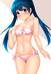 Rule 34 | 1girl, bandeau, bare arms, bare shoulders, bikini, blue eyes, blue hair, blush, breasts, cleavage, closed mouth, collarbone, commentary request, flying sweatdrops, grey background, groin, hand up, highres, kin-iro mosaic, komichi aya, long hair, looking at viewer, medium breasts, minato ojitan, navel, nose blush, pink bikini, ribbon, side-tie bikini bottom, solo, strapless, strapless bikini, swimsuit, twintails, two-tone background, very long hair, wavy mouth, white background