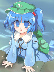 Rule 34 | 1girl, :o, backpack, bag, blue dress, blue eyes, blue hair, collar, dress, female focus, hair bobbles, hair ornament, jewelry, kawashiro nitori, key, long sleeves, looking at viewer, matching hair/eyes, necklace, open mouth, partially submerged, pendant, pocket, river, ry (yagoyago), solo, touhou, two side up, upper body, water, wet, wet clothes, wet dress