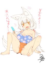 Rule 34 | 1girl, animal ear fluff, animal ears, bare legs, bare shoulders, barefoot, blush, breasts, eyebrows, fang, feet, female focus, food, fox ears, fox tail, full body, jitome, kohaku (yua), large breasts, long hair, low twintails, no panties, open mouth, orange eyes, original, partially visible vulva, popsicle, shorts, sitting, solo, spread legs, sweat, tail, thick eyebrows, twintails, upshorts, white background, white hair, yellow eyes, yua (checkmate)