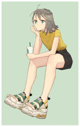 Rule 34 | 1girl, ahoge, black shorts, blue background, blue eyes, cup, drinking straw, full body, grey hair, hand on own chin, highres, kitada mo, original, shirt, shoes, short hair, shorts, simple background, sitting, sneakers, solo, starbucks, t-shirt, yellow shirt