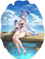 Rule 34 | 2girls, :d, absurdres, anklet, bare legs, bare shoulders, barefoot, bead necklace, beads, bell, blue hair, blue nails, blue sky, blush, breasts, choker, cleavage, cloud, cloudy sky, cowbell, day, feet, full body, ganyu (genshin impact), genshin impact, goat horns, happy, hat, highres, horns, jewelry, jiangshi, large breasts, long hair, multiple girls, nail polish, necklace, ocean, open mouth, purple eyes, qiqi (genshin impact), rainbow, shiny skin, sitting, sky, smile, sovi.d, swimsuit, toenail polish, toenails, wet