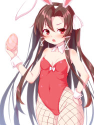Rule 34 | 1girl, animal ears, blush, bow, breasts, brown hair, character request, commentary request, covered navel, easter egg, egg, fake animal ears, fishnet pantyhose, fishnets, groin, hair between eyes, hair ribbon, hairband, hand on own hip, highres, holding, holding egg, leotard, long hair, looking at viewer, open mouth, orphans order, pantyhose, parted bangs, playboy bunny, rabbit ears, red eyes, red leotard, ribbon, simple background, small breasts, solo, strapless, strapless leotard, two side up, very long hair, white background, white bow, white hairband, white ribbon, wrist cuffs, yuku (kiollion)